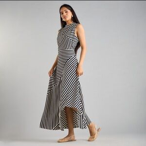 Mango Black and White High Low Italian Fabric Asymmetrical Striped Midi dress